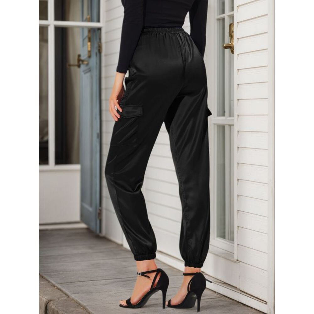 Joggers Drawstring Elastic High Waist Silky Satin Cargo Pants Black - Picture 4 of 5